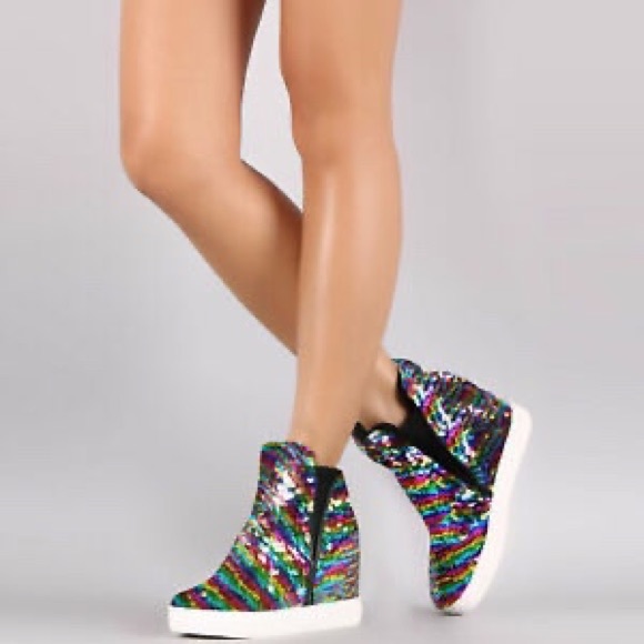 Cape Robbin Shoes - Cape Robbin Rainbow Sequin Hidden wedge high tops